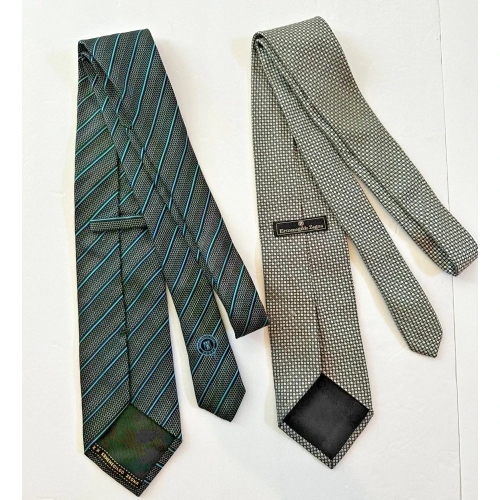 Ermenegildo Zegna Neck Tie 100% Silk Dots Stripes Black Blue White Italy Set